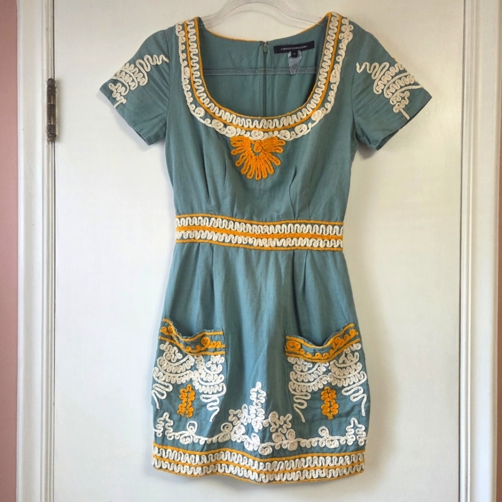 FRENCH CONNECTION Green Linen Short Sleeve Mini Dress Size 0